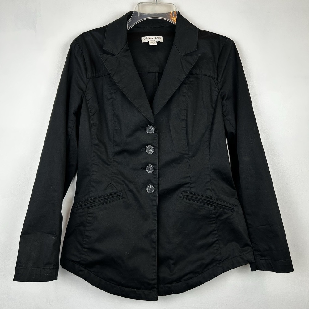 Coldwater Creek Blazer Jacket Womens 4 Black Shaped Fit Cotton Blend Academia